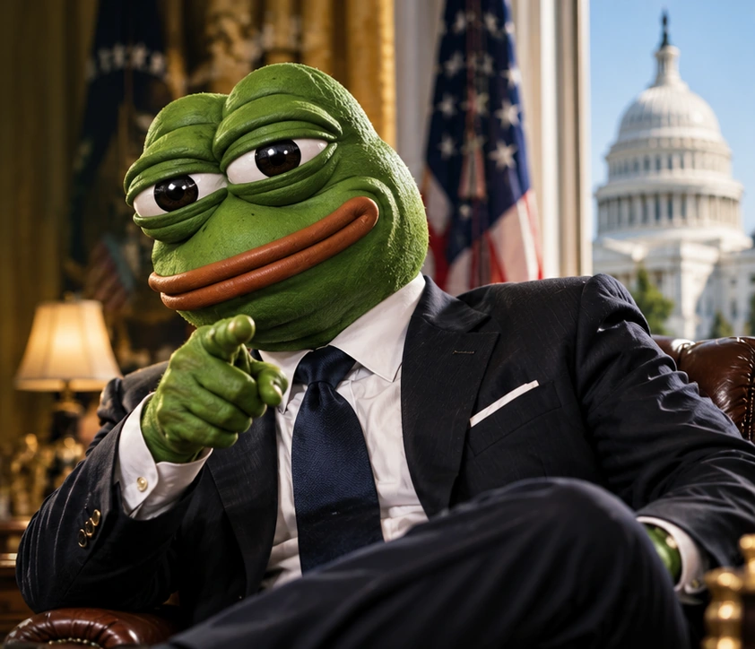 Cinematic fictional promo portrait of Pepe the Frog wearing a business suit