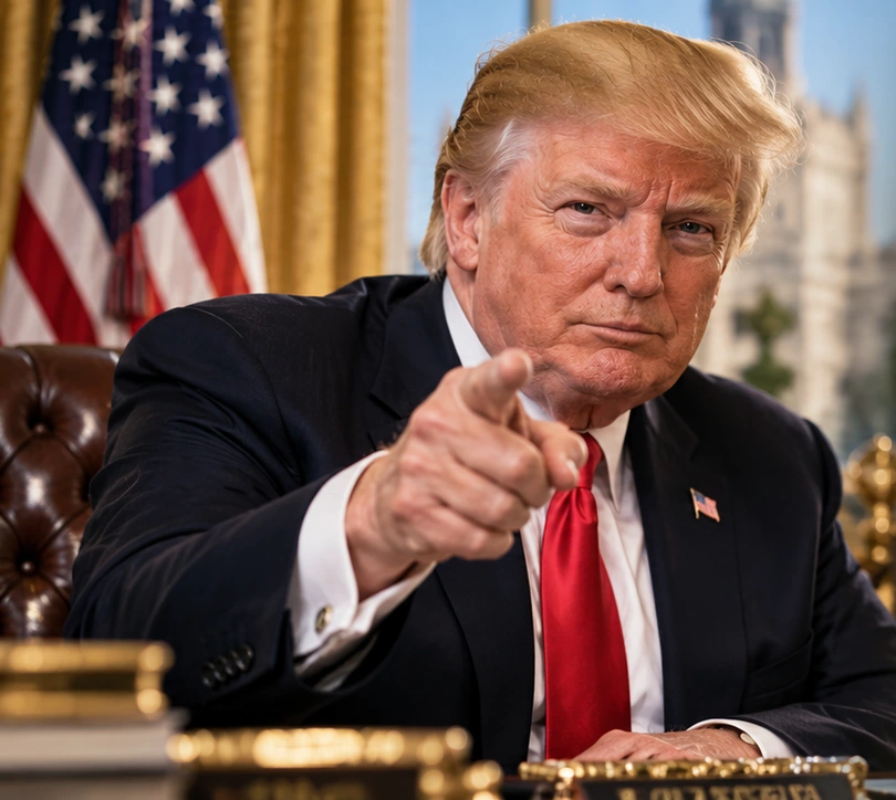 Cinematic fictional promo portrait of Donald Trump in a suit
